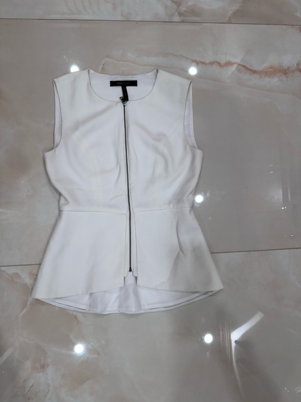 BCBGMaxAzria White Zip-Front Peplum Top